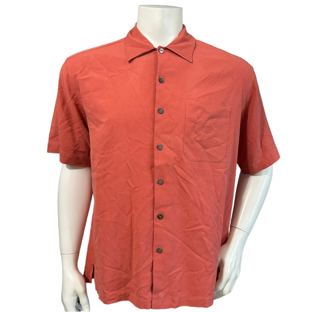 Anthology Mens Button Up Shirt Orange Short Sleeve 100% Silk L
